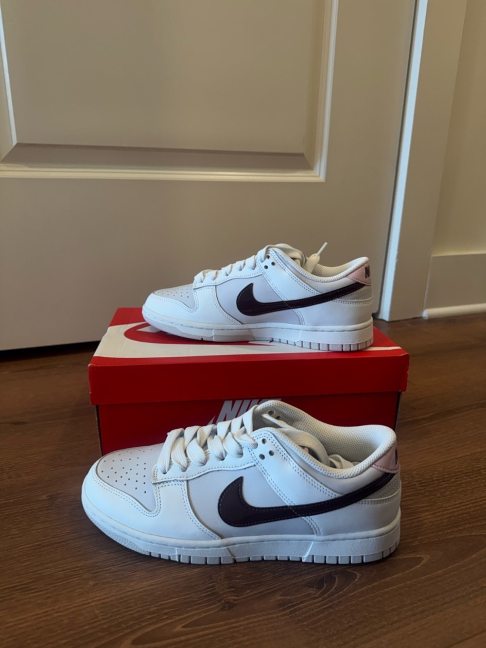Nike Dunk Low White with Dark Purple Swoosh and Light Pink Details